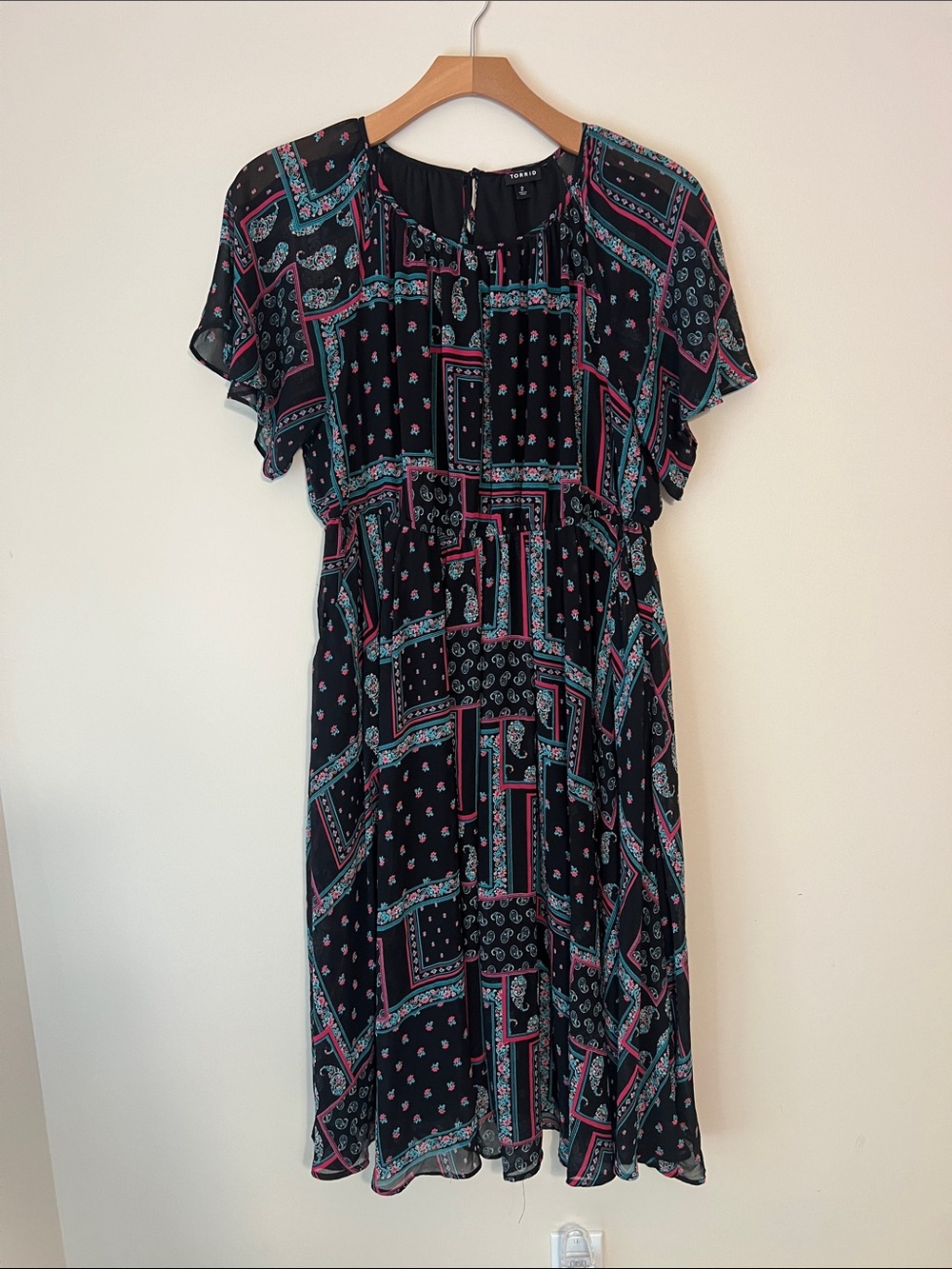 torrid Black Midi Dress with Pink & Teal Print